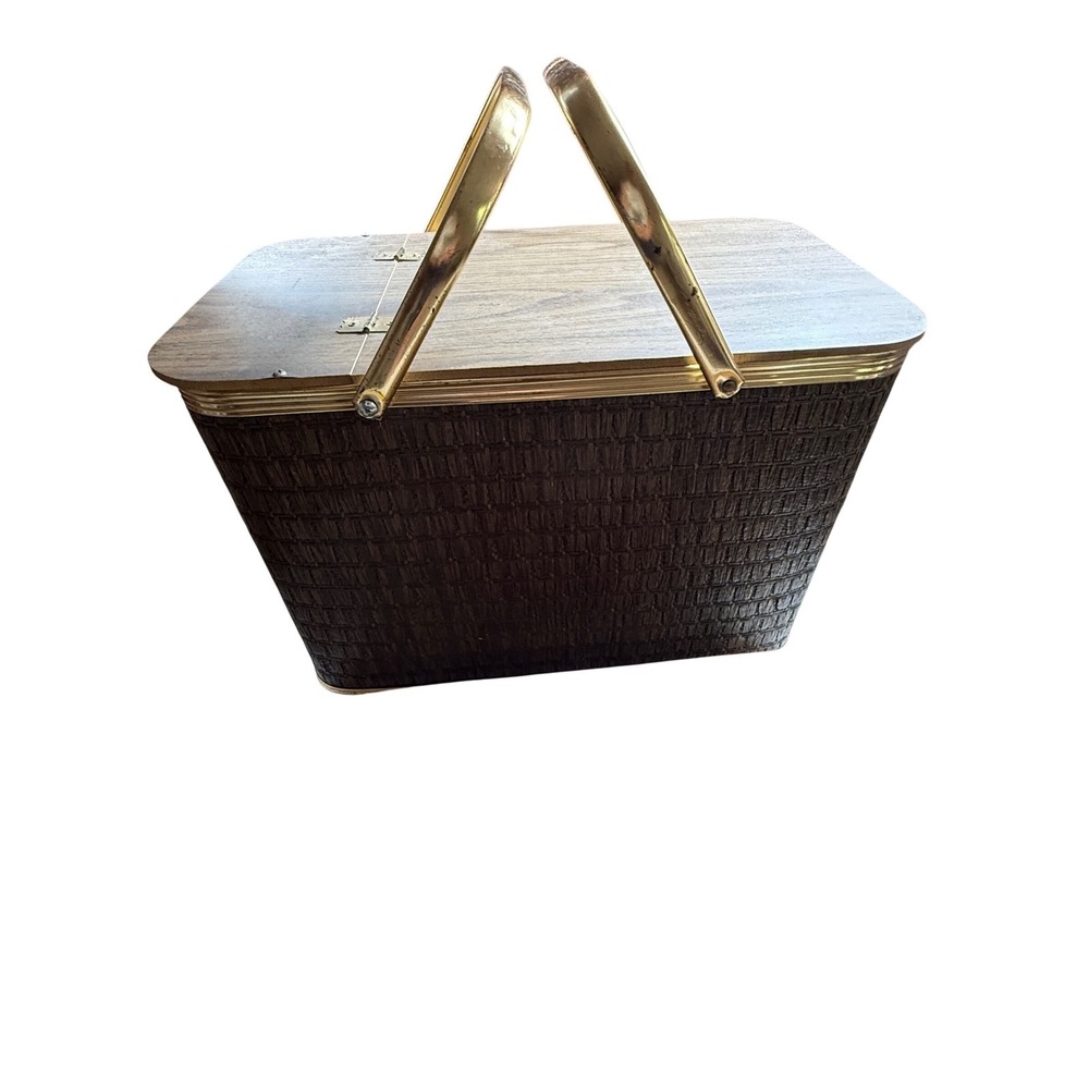 Vintage Picnic Basket Woven Wood Look‎ Top Handle Retro Style*maybe Redmond*